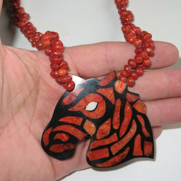 Vintage Jewelry - Vintage Red Coral Zebra Bead Animal Necklace